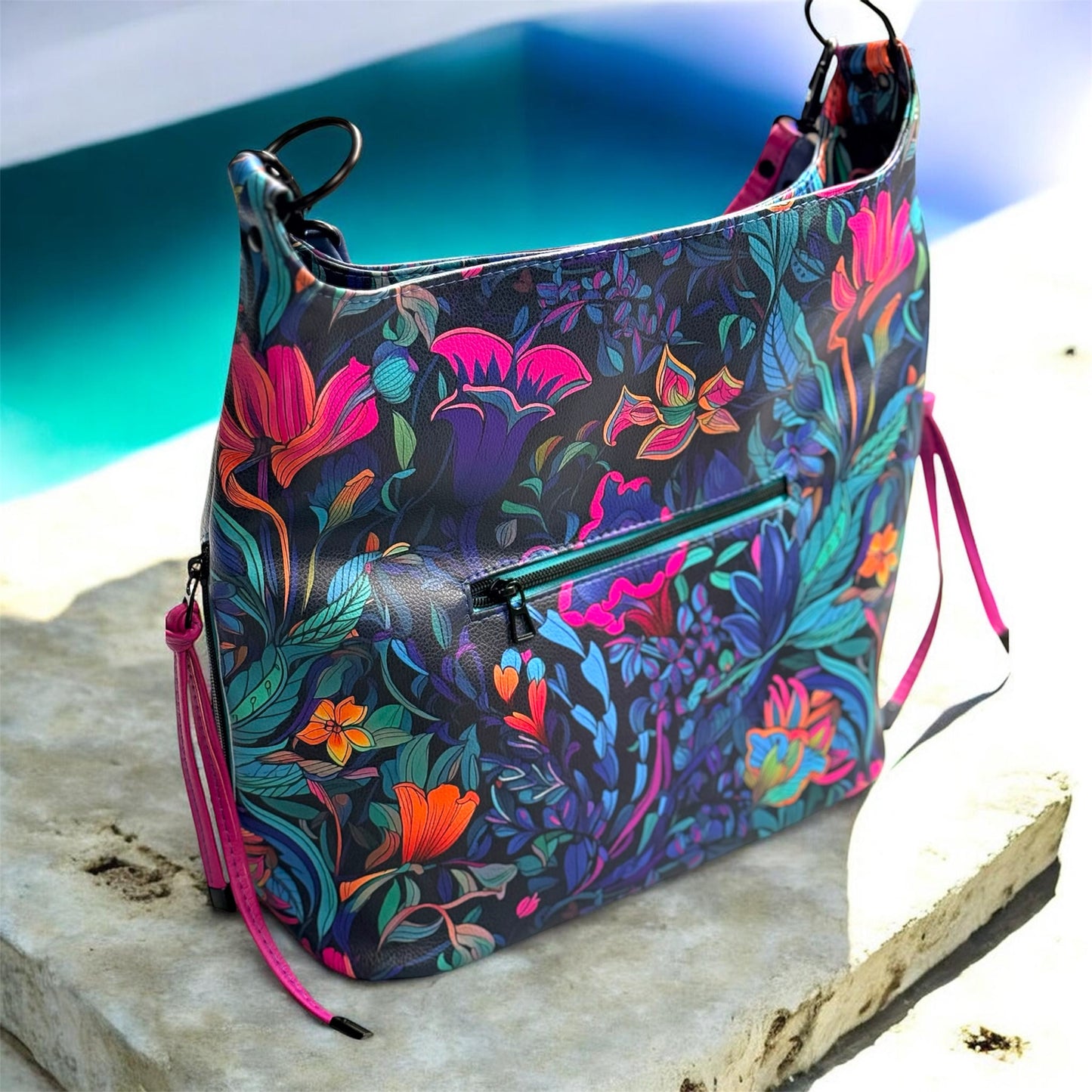 Blacklit flowers slouchy shoulder bag