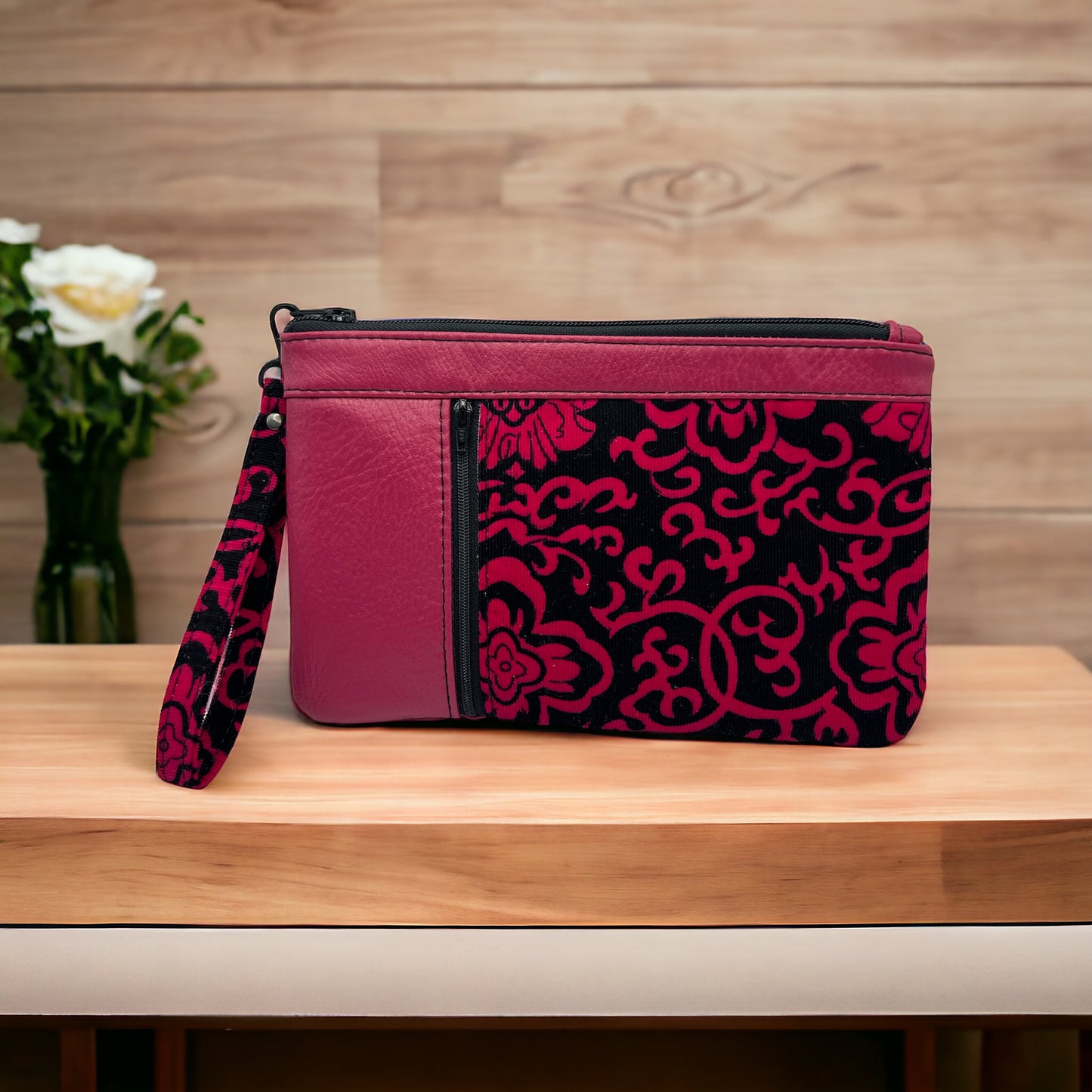 Pink corduroy zippy clutch