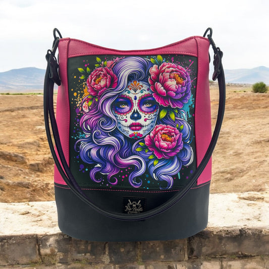 Pink day of the dead bucket bag