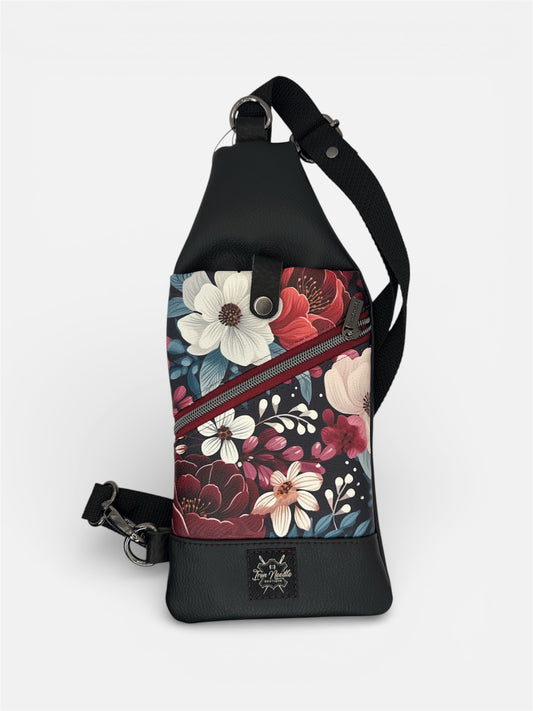 Floral/black prairie, leather traveler sling