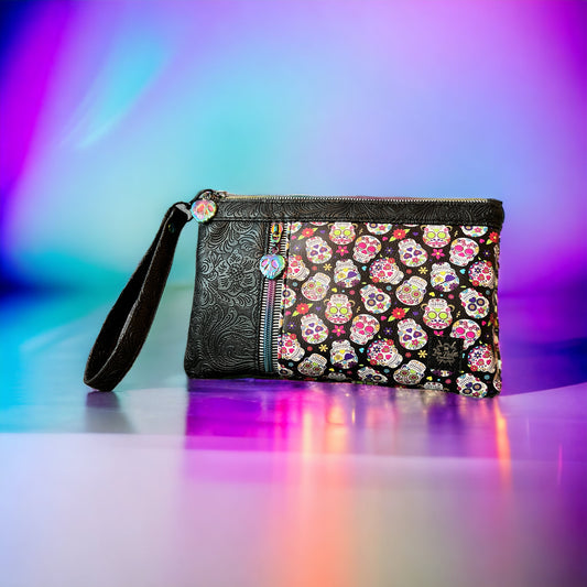 Rainbow sugar skull zippy clutch