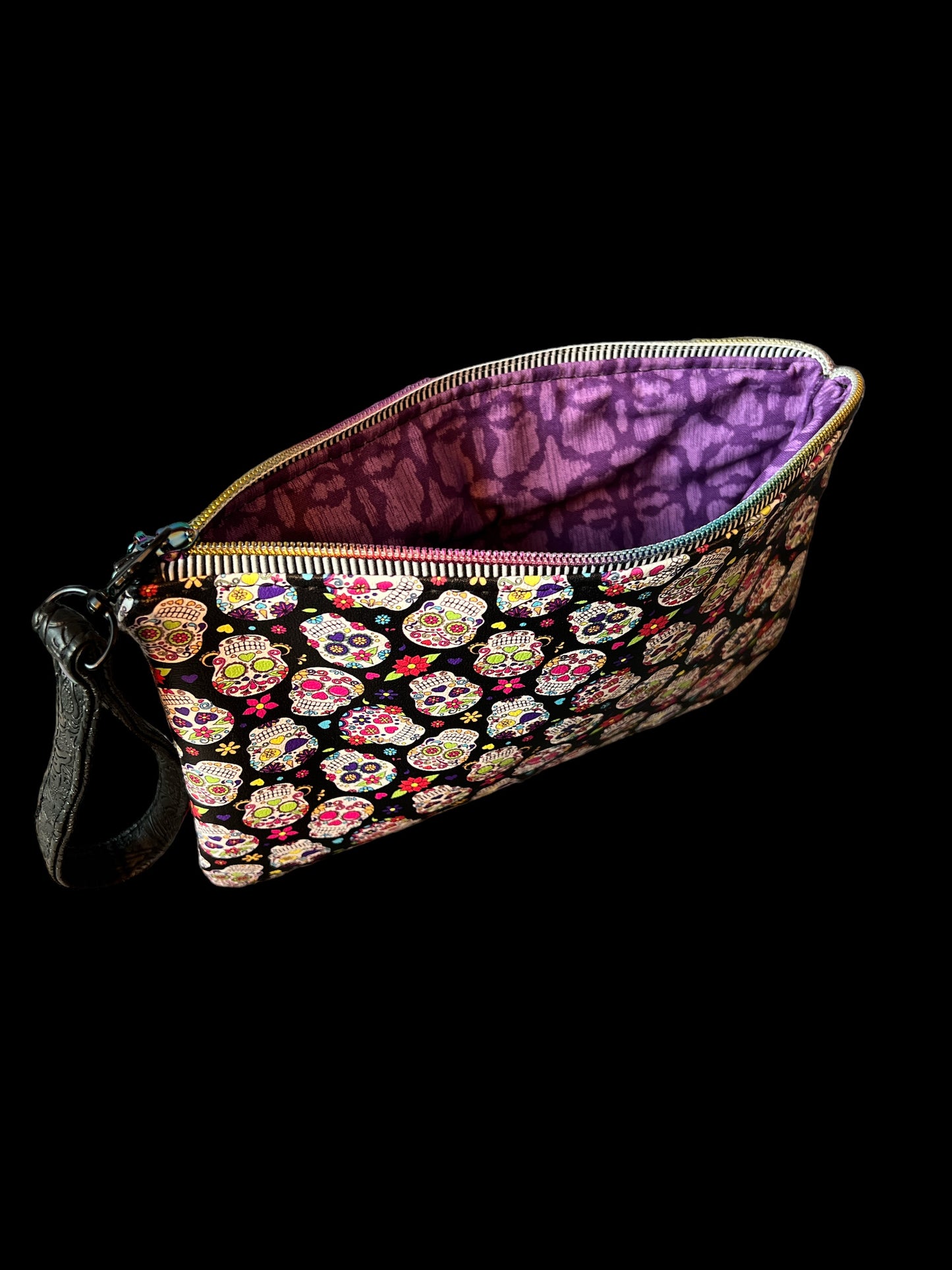 Rainbow sugar skull zippy clutch