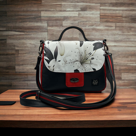 Red/black with white lilies Primula Satchel