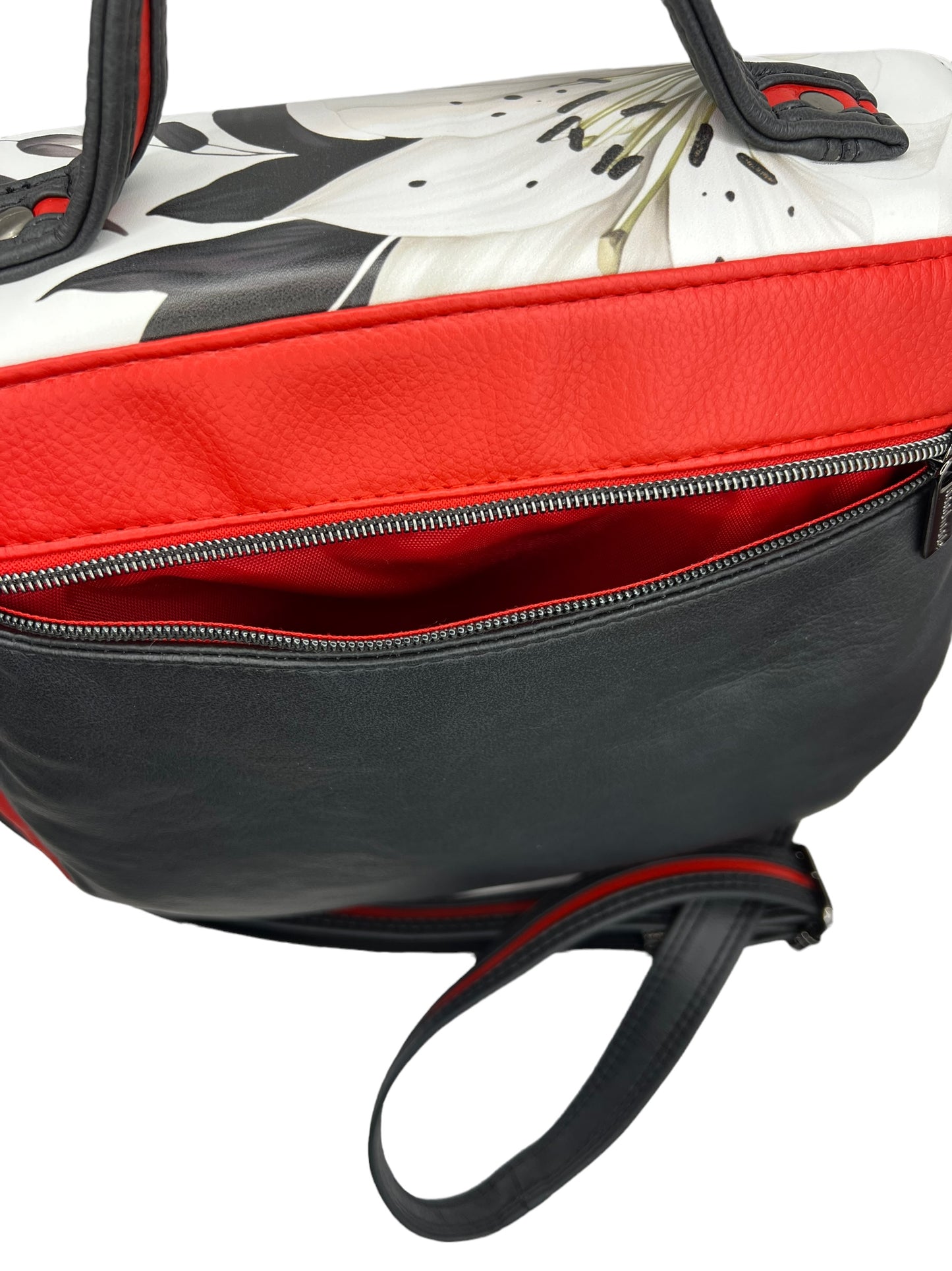 Red/black with white lilies Primula Satchel