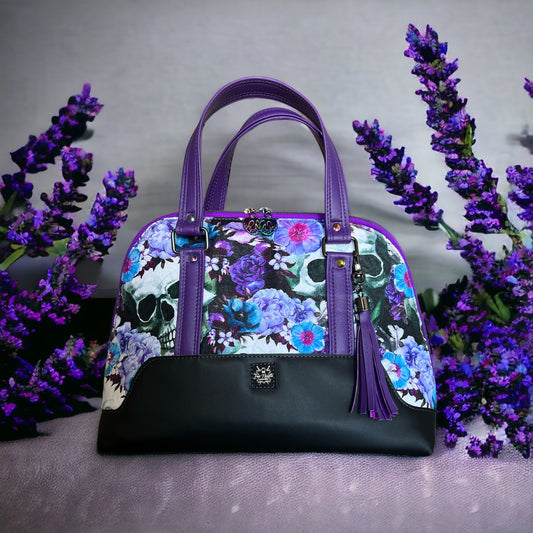 Purple Flowers & Skulls Bowler Bag